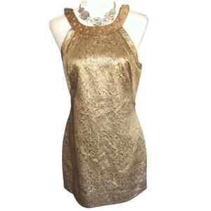 BCBGMaxazria Gold Halter Jacquard Sheath Body Con Dress, Women's Small NWOT